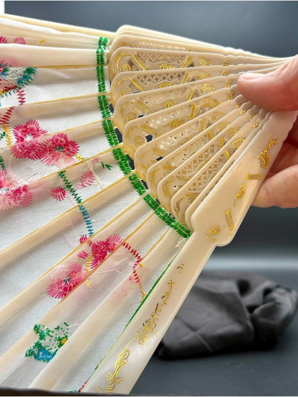 White Embroidered Folding Hand Fan with Pink Floral Design and Green Trim